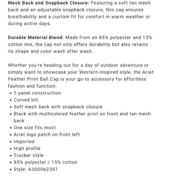 Ariat Feather Print Ball Cap, One Size Fits Most - Picture 10 of 10